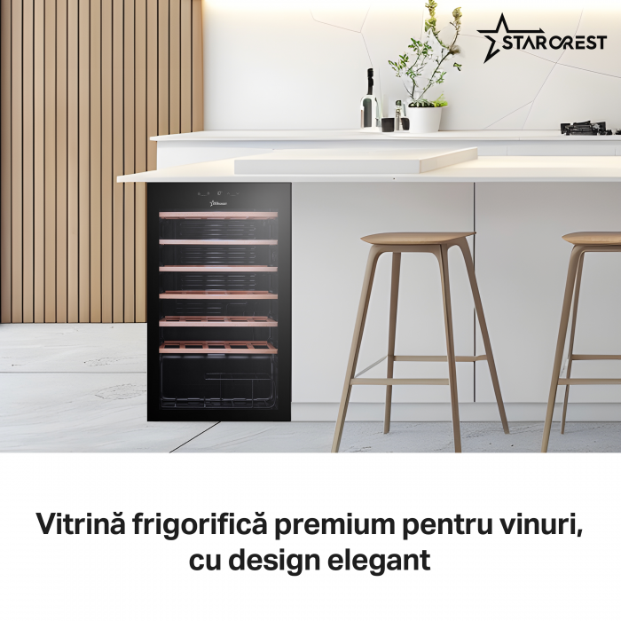 Vitrina de vinuri STARCREST SWN-9301, 93 l, 34 sticle, Control temperatura digital, Rafturi lemn,Usa sticla , H 84.5 cm, Negru [6]