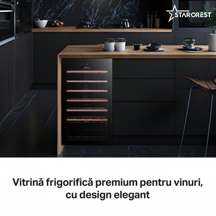 Vitrina de vinuri STARCREST SWN-9301, 93 l, 34 sticle, Control temperatura digital, Rafturi lemn,Usa sticla , H 84.5 cm, Negru [5]