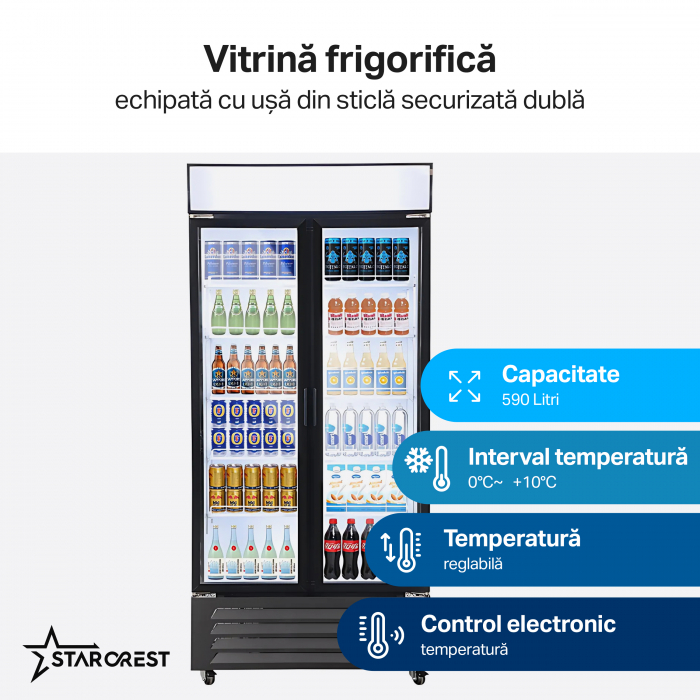 Vitrina frigorifica profesionala cu 2 usi STARCREST SPS-2D590DC, 590 L, Caseta luminoasa, Display Temperatura, Panou comanda Digital, Iluminare LED, Roti, H 195 cm [2]