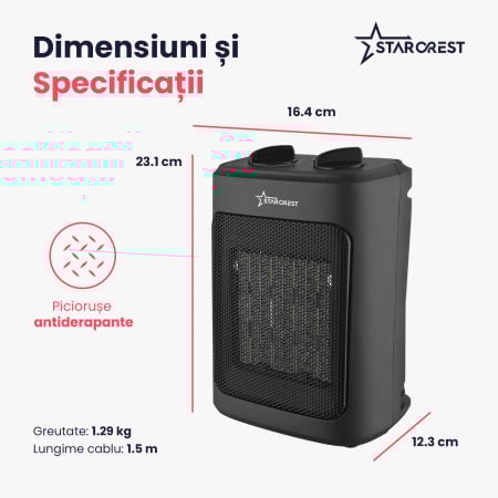 Aeroterma ceramica STARCREST SCH-20BK, 2000W, Termostat Reglabil, 3 Viteze, Functie Ventilator, Portabila, Siguranta Anti Cadere, Protectie Supraincalzire, Negru [5]