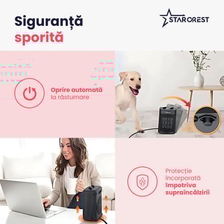 Aeroterma ceramica STARCREST SCH-20BK, 2000W, Termostat Reglabil, 3 Viteze, Functie Ventilator, Portabila, Siguranta Anti Cadere, Protectie Supraincalzire, Negru [3]