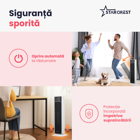 Aeroterma ceramica STARCREST SCH-T30BK, 2000W, Control digital, Functie de oscilare, Telecomanda, Functie ventilator, Temporizator, Siguranta anti cadere, Protectie supraincalzire [4]