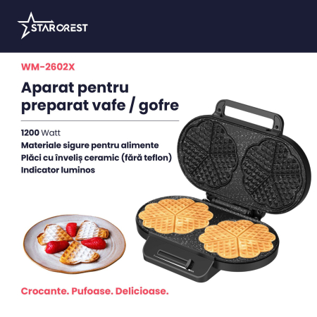 Aparat de facut vafe STARCREST WM-2602X, 1200W, Suprafata dubla, Buton reglare temperatura, Placi cu invelis antiaderent, Negru/Inox [2]