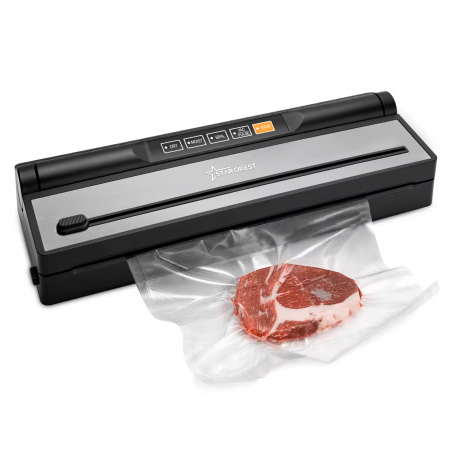 Aparat de vidat alimente - Aparat de vidat si sigilat STARCREST VS-6016, 110W, Touch Control, 5 Functii, Furtun de vidare caserole, Cutter incorporat, Negru/Inox