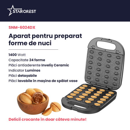 Aparat pentru preparat forme de nuci STARCREST SNM-6024DX, 24 forme, 1400W, Indicator luminos, Placi ceramice detasabile, Negru [1]