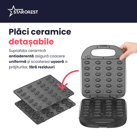 Aparat pentru preparat forme de nuci STARCREST SNM-6024DX, 24 forme, 1400W, Indicator luminos, Placi ceramice detasabile, Negru [3]