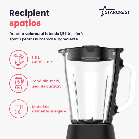 Blender STARCREST STB-15500B, 500 W, 1.5 l, 2 viteze + functie Pulse, Negru [2]