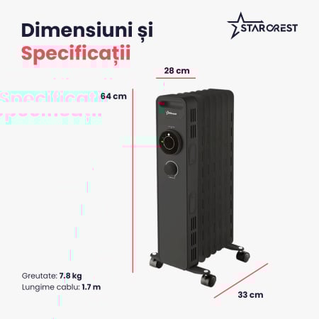 Calorifer electric cu ulei STARCREST SOH-0715BK, 1500 W, 7 elementi, 3 trepte de putere, Termostat mecanic, Protectie supraincalzire, Siguranta anti cadere, Negru [7]