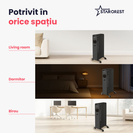Calorifer electric cu ulei STARCREST SOH-0715BK, 1500 W, 7 elementi, 3 trepte de putere, Termostat mecanic, Protectie supraincalzire, Siguranta anti cadere, Negru [5]
