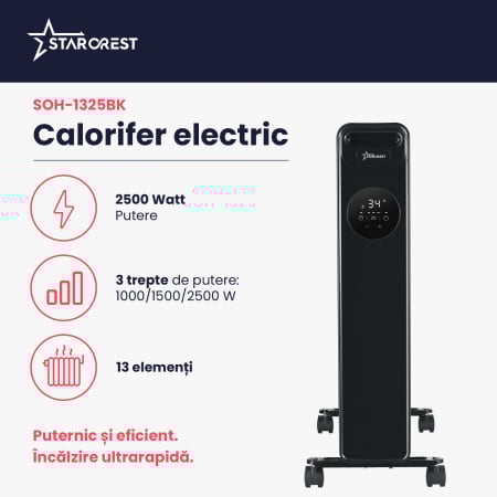 Calorifer electric cu ulei STARCREST SOH-1325BK, 2500 W, 13 elementi, Temporizator, 3 trepte de putere, Termostat digital, Protectie supraincalzire, Siguranta anti cadere, Negru [1]