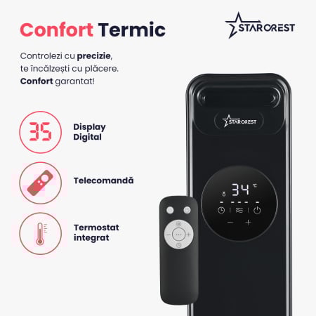 Calorifer electric cu ulei STARCREST SOH-1325BK, 2500 W, 13 elementi, Temporizator, 3 trepte de putere, Termostat digital, Protectie supraincalzire, Siguranta anti cadere, Negru [2]