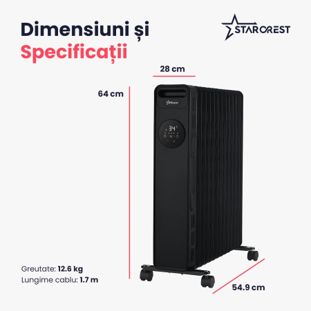 Calorifer electric cu ulei STARCREST SOH-1325BK, 2500 W, 13 elementi, Temporizator, 3 trepte de putere, Termostat digital, Protectie supraincalzire, Siguranta anti cadere, Negru [5]