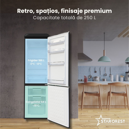 Combina frigorifica retro STARCREST SRC-250BK, Design Vintage, Clasa E, Capacitate 250 L, Termostat reglabil, Iluminare LED, H 188.3 cm, Negru [2]