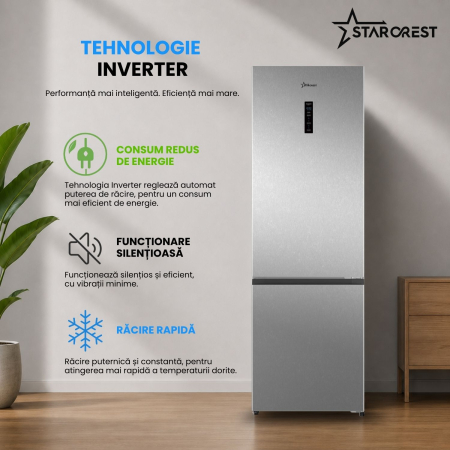Combina frigorifica STARCREST SCN-405D-IX, 405 L, Total NoFrost, Compresor Inverter, Clasa E, Display digital, Iluminare LED, Suprafata inox antiamprenta, Usi reversibile, H 185.5 cm, Inox [5]