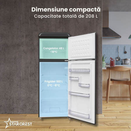 Frigider cu 2 usi retro STARCREST SRF-208BK, 208 L, Clasa E, Design Vintage, Iluminare LED, Termostat Reglabil, H 147 cm, Negru [2]