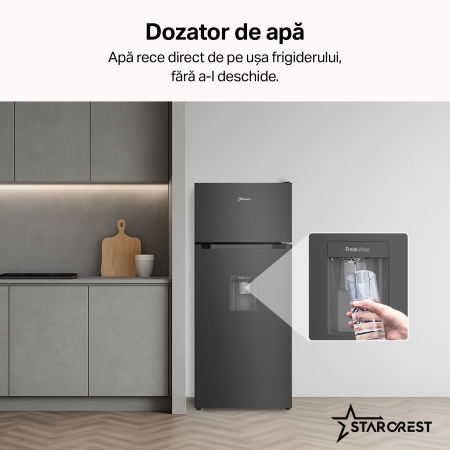 Frigider cu 2 usi STARCREST SF-203WD-BKE, 203 L, Clasa E, Dozator Apa, Iluminare LED, Termostat Ajustabil, Usi reversibile, H 145 cm, Negru [2]