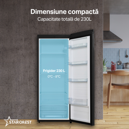 Frigider - Racitor cu o usa STARCREST SFL-230BKE, 230 l, Clasa E, Termostat reglabil, Rafturi ajustabile, H 142 cm, Negru [2]