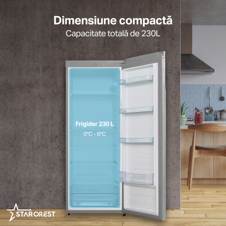 Frigider - Racitor cu o usa STARCREST SFL-230IXE, 230 l, Clasa E, Termostat reglabil, Rafturi ajustabile, H 142 cm, Inox [2]