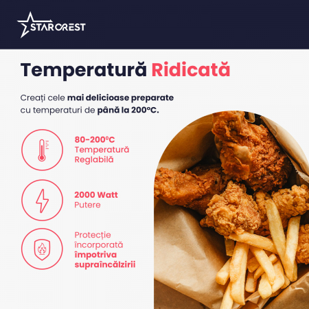 Friteuza cu aer cald STARCREST SFR-7020WBK, 7 Litri,  2 Elemente incalzire superioara / inferioara, 2000 W, Termostat 80 - 200 °C, 12 programe predefinite, Negru [3]