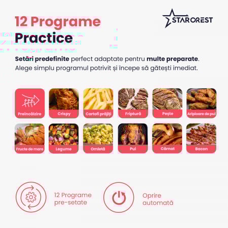 Friteuza cu aer cald STARCREST SFR-7020WBK, 7 Litri,  2 Elemente incalzire superioara / inferioara, 2000 W, Termostat 80 - 200 °C, 12 programe predefinite, Negru [4]