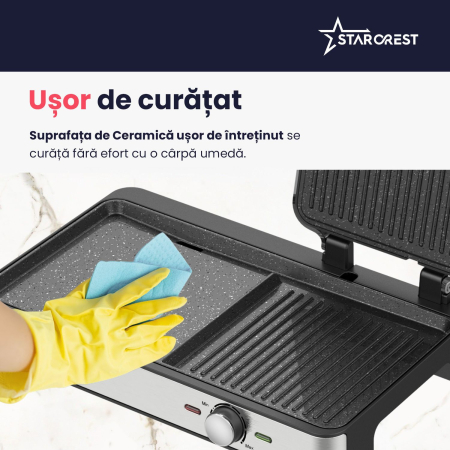 Gratar electric STARCREST SGR-4423, 2100 W, Termostat reglabil, Placi cu invelis ceramic tip grill/neted, Suprafata de gatire 44 x 23.5 cm, Spatula curatare, Negru/Inox [5]