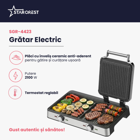 Gratar electric STARCREST SGR-4423, 2100 W, Termostat reglabil, Placi cu invelis ceramic tip grill/neted, Suprafata de gatire 44 x 23.5 cm, Spatula curatare, Negru/Inox [2]