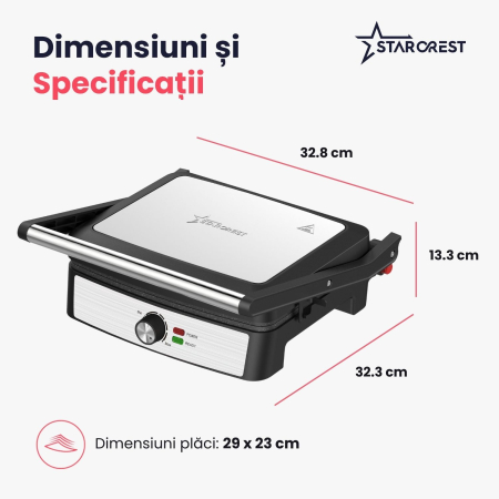 Gratar electric STARCREST SGR-2923, 2200 W, Placi grill cu invelis ceramic, Termostat reglabil, Deschidere la 180°, Suprafata de gatire 29 x 23 cm, Spatula curatare, Negru/Inox [8]
