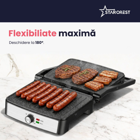 Gratar electric STARCREST SGR-2923, 2200 W, Placi grill cu invelis ceramic, Termostat reglabil, Deschidere la 180°, Suprafata de gatire 29 x 23 cm, Spatula curatare, Negru/Inox [4]