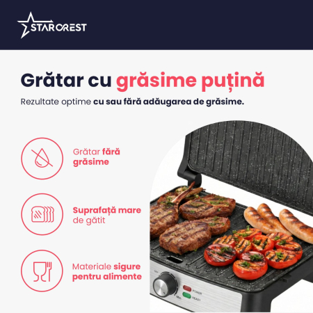 Gratar electric STARCREST SGR-2923, 2200 W, Placi grill cu invelis ceramic, Termostat reglabil, Deschidere la 180°, Suprafata de gatire 29 x 23 cm, Spatula curatare, Negru/Inox [3]