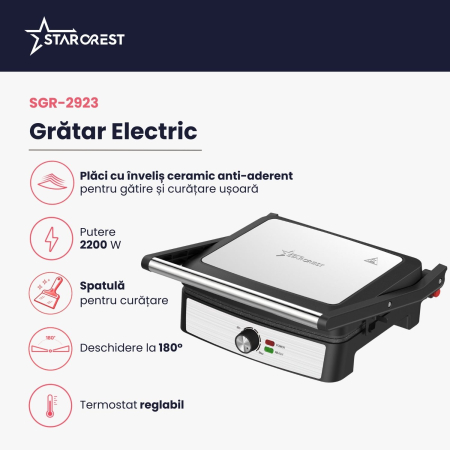 Gratar electric STARCREST SGR-2923, 2200 W, Placi grill cu invelis ceramic, Termostat reglabil, Deschidere la 180°, Suprafata de gatire 29 x 23 cm, Spatula curatare, Negru/Inox [1]
