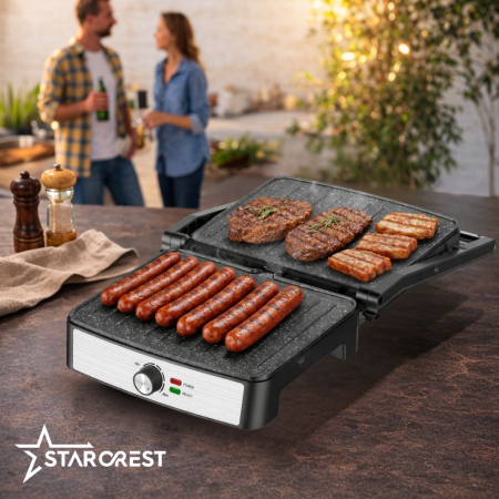 Gratar electric STARCREST SGR-2923, 2200 W, Placi grill cu invelis ceramic, Termostat reglabil, Deschidere la 180°, Suprafata de gatire 29 x 23 cm, Spatula curatare, Negru/Inox [7]