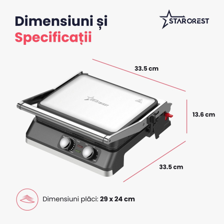 Gratar electric STARCREST SGR-2924BX, 2200 W, Placi grill cu invelis ceramic, Termostat reglabil, Timer, Deschidere la 180°, Suprafata de gatire 29 x 24 cm, Spatula curatare, Negru/Inox [8]