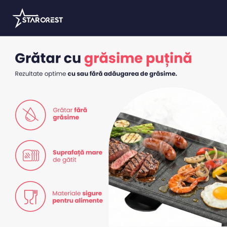 Gratar electric STARCREST SGR-4726, 2000 W, Termostat reglabil, Placa cu invelis ceramic tip grill/neted, Suprafata de gatire 47 x 26.5 cm, Negru/Inox [4]