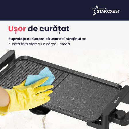 Gratar electric STARCREST SGR-4726, 2000 W, Termostat reglabil, Placa cu invelis ceramic tip grill/neted, Suprafata de gatire 47 x 26.5 cm, Negru/Inox [5]