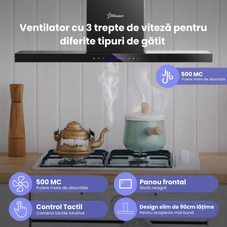 Hota incorporabila decorativa STARCREST SDH-9100BK, Putere de absorbtie 500 m3/h, Control touch, Iluminare LED, Clasa A+, 90cm, Negru + Sticla neagra [1]