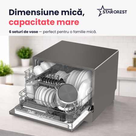 Masina de spalat vase STARCREST SDW-601-SL, 6 seturi, 5 programe, Clasa D, Panou control sticla neagra, Panou comanda digital, Mod Eco, Instalare Flexibila, Gri [4]
