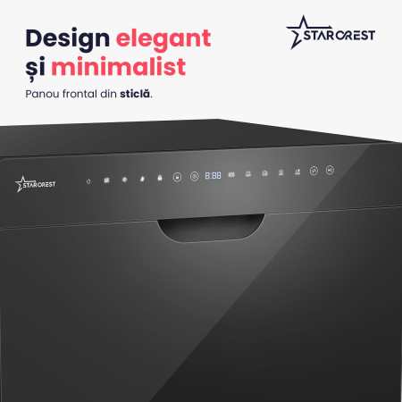Masina de spalat vase STARCREST SDW-602-BK, 6 seturi, 5 programe, Clasa D, Panou frontal sticla neagra, Panou comanda digital, Mod Eco, Instalare Flexibila, Negru [1]