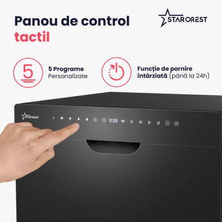 Masina de spalat vase STARCREST SDW-602-BK, 6 seturi, 5 programe, Clasa D, Panou frontal sticla neagra, Panou comanda digital, Mod Eco, Instalare Flexibila, Negru [2]