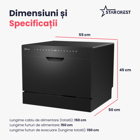 Masina de spalat vase STARCREST SDW-602-BK, 6 seturi, 5 programe, Clasa D, Panou frontal sticla neagra, Panou comanda digital, Mod Eco, Instalare Flexibila, Negru [7]