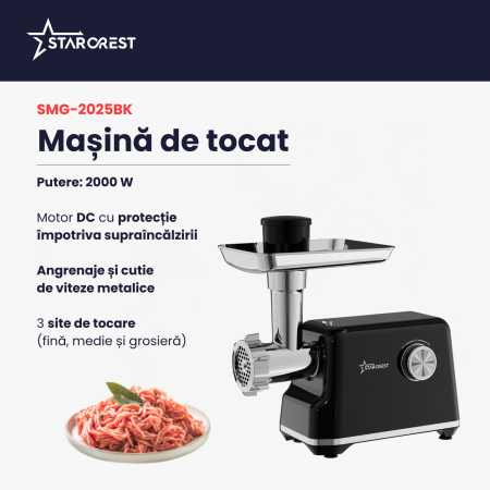 Masina de tocat STARCREST SMG-2025BK, 2000 W, Accesoriu rosii si carnati, 3 site de taiere, Cutit inox, Negru [1]