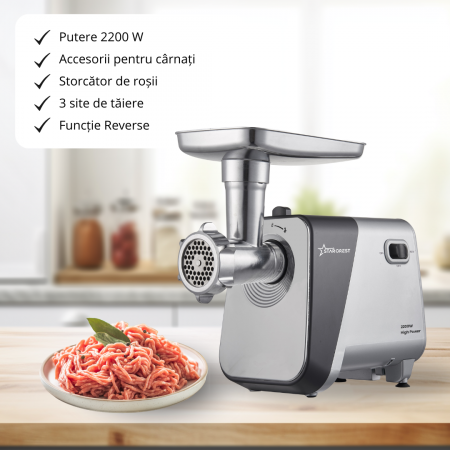 Masina de tocat STARCREST SMG-2250S, 2200 W, Accesoriu rosii si carnati, 3 site de taiere, Cutit inox, Gri [1]