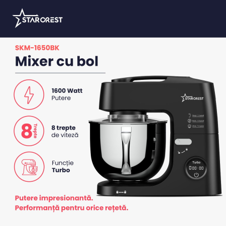 Mixer cu bol de 5L din inox, STARCREST SKM-1650BK, 1.5 kg aluat, putere 1600W, 3 accesorii, 8 viteze + Turbo, Negru [1]