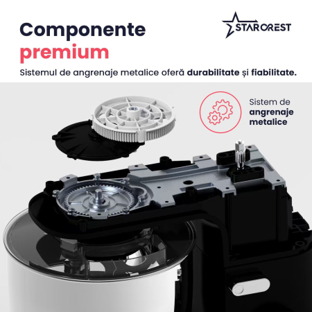 Mixer cu bol de 5L din inox, STARCREST SKM-1650BK, 1.5 kg aluat, putere 1600W, 3 accesorii, 8 viteze + Turbo, Negru [5]