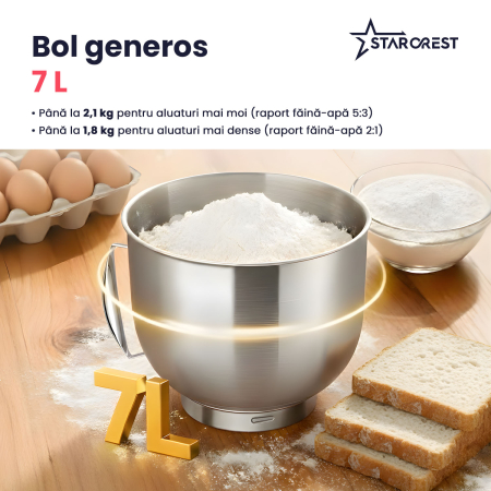 Mixer cu bol de 7L din inox, STARCREST SKM-2070BK, 2.1 kg aluat, putere 2000W, 3 accesorii din inox, 8 viteze + Turbo, Negru [3]
