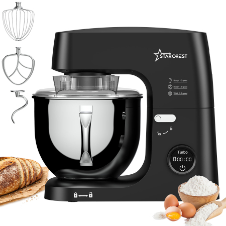 Robot de bucătărie - Mixer cu bol de 7L din inox, STARCREST SKM-2070BK, 2.1 kg aluat, putere 2000W, 3 accesorii din inox, 8 viteze + Turbo, Negru