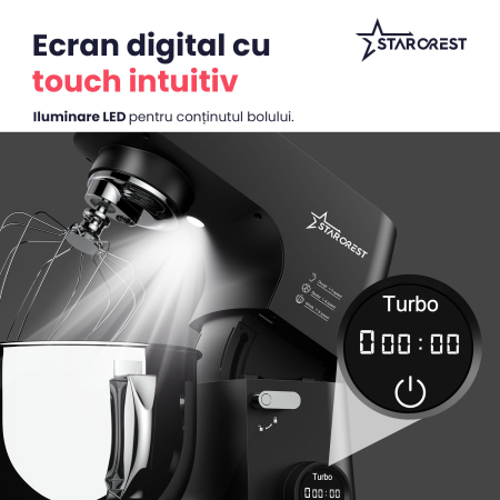 Mixer cu bol de 7L din inox, STARCREST SKM-2070BK, 2.1 kg aluat, putere 2000W, 3 accesorii din inox, 8 viteze + Turbo, Negru [4]