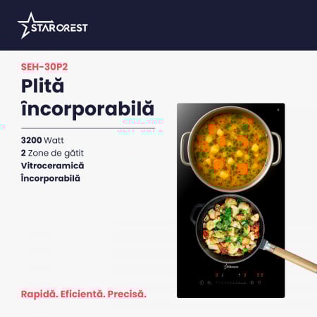 Plita incorporabila STARCREST SEH-30P2, Vitroceramica, 2 zone de gatit, 9 trepte de putere, 3200 W, Slider Touch control, Timer, Sticla Neagra [1]