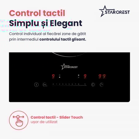 Plita incorporabila STARCREST SEH-30P2, Vitroceramica, 2 zone de gatit, 9 trepte de putere, 3200 W, Slider Touch control, Timer, Sticla Neagra [4]