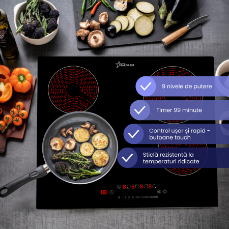 Plita incorporabila STARCREST SEH-62S3, Vitroceramica, 4 zone de gatit, 9 trepte de putere, 6500 W, Touch control, Timer, Sticla Neagra [4]