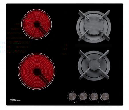 Electrocasnice Mari - Plita incorporabila STARCREST SEH-HM6042, Mixta, 2 zone gaz, 2 zone vitroceramice, Aprindere electrica, Sticla neagra
